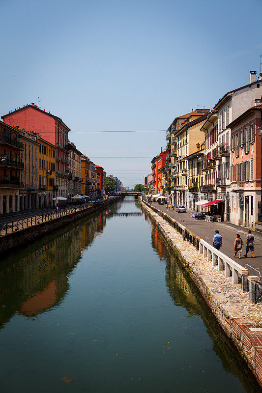 Naviglio Grande在建筑中，背靠晴朗的天空